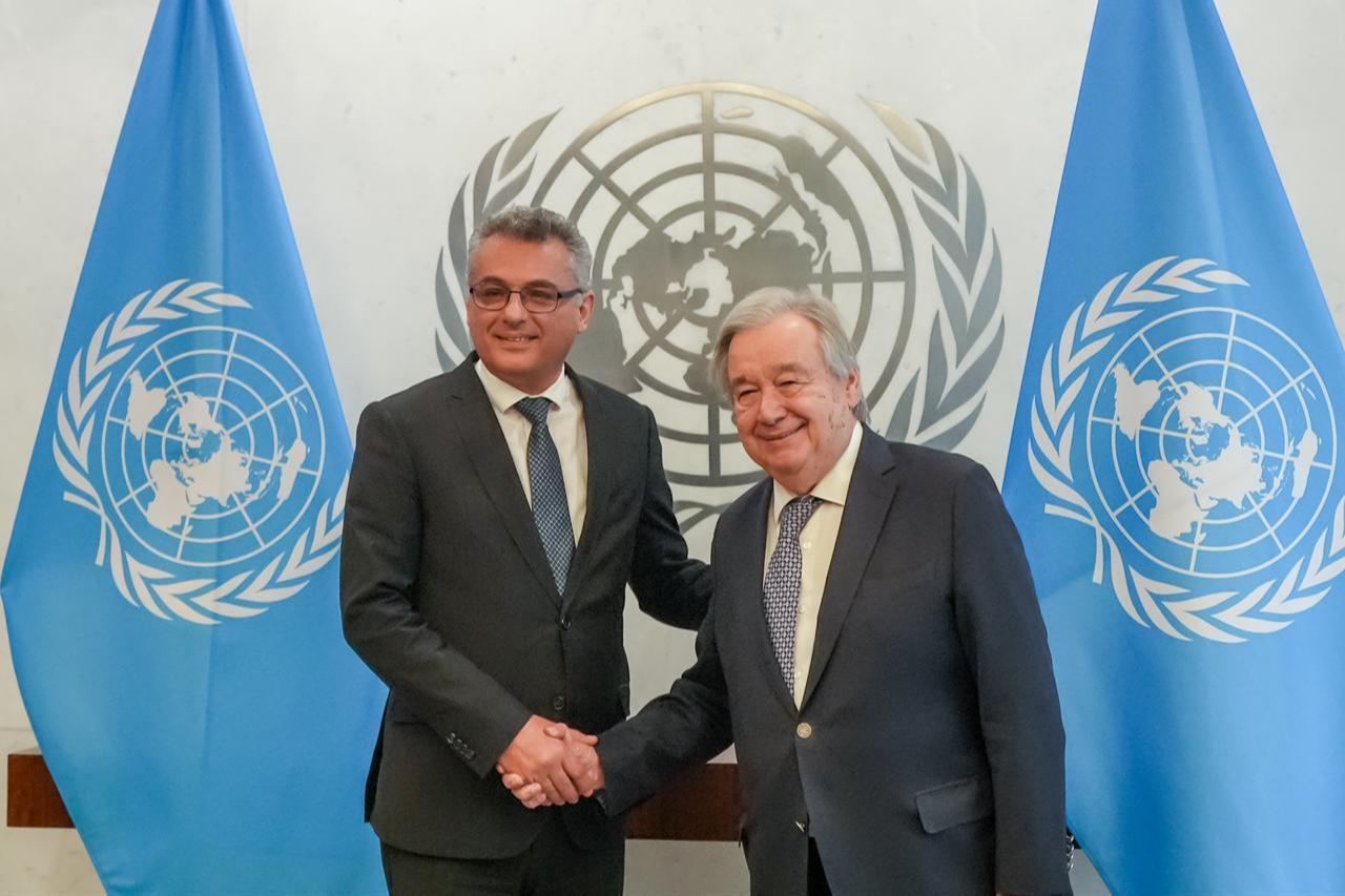 The President of the Turkish Republic of Northern Cyprus (TRNC), Tufan Erhurman (L), meets with U.N. Secretary-General Antonio Guterres in New York City, United States, on February 11, 2026. (AA Photo)