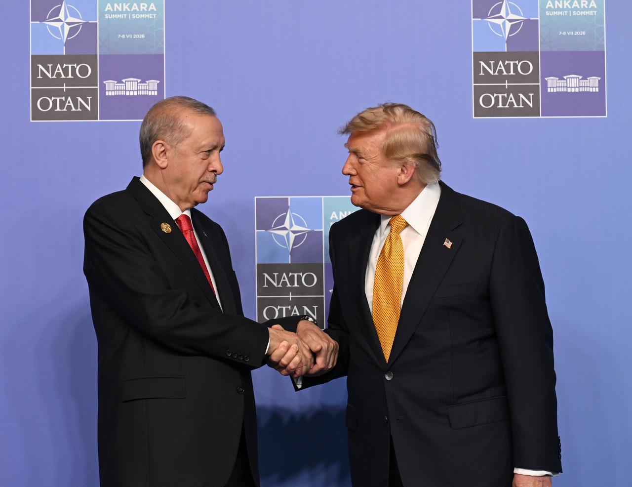 Turkish President Recep Tayyip Erdogan welcomes US President Donald Trump ahead of the North Atlantic Council meeting, held as part of the 36th NATO Summit of Heads of State and Government in Ankara, Türkiye, July 8, 2026. (AA Photo)