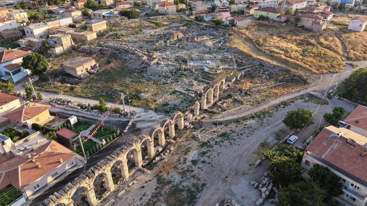 An aerial view shows excavation works at Tyana Ancient City in Niğde, Türkiye, July 11, 2026. (AA Photo)