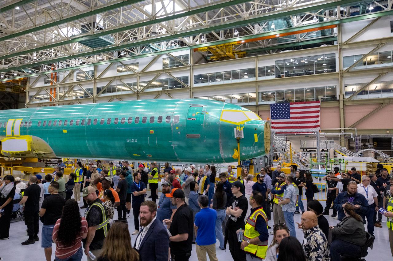A Boeing 737 MAX 10 fuselage is pictured during the opening ceremony for the company's new North Line assembly line, at the Boeing Everett Factory in Everett, Washington, on July 10, 2026.