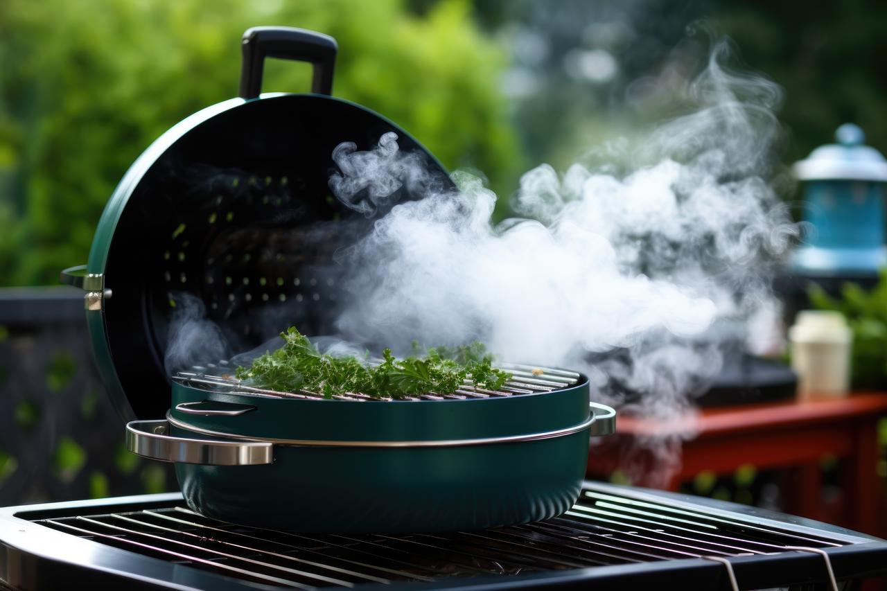 Smoke rising from a BBQ grill with a lid open (Adobe Stock Photo)