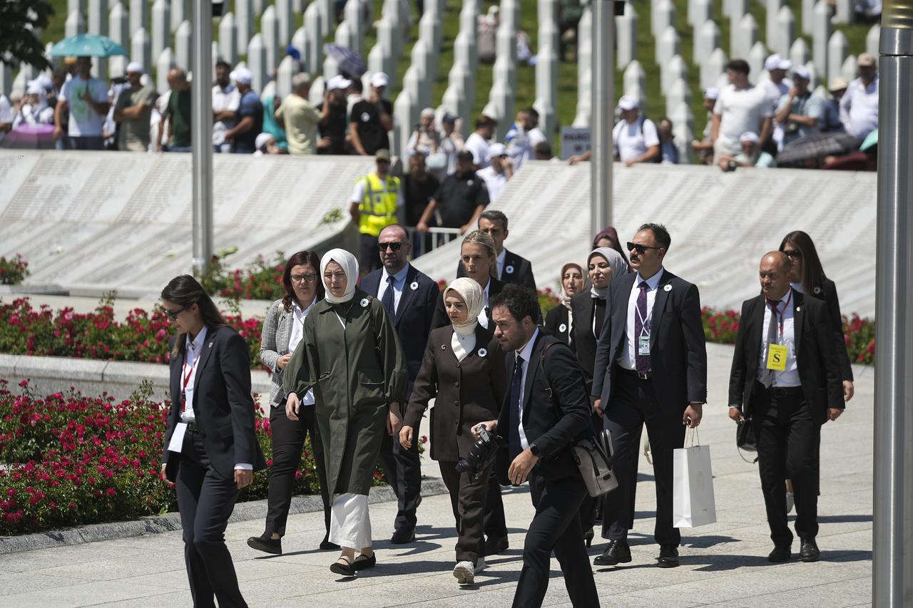 Turkiye's Minister of Family and Social Services Mahinur Ozdemir Goktas (C) attends the commemoration marking the 31st anniversary of the 1995 Srebrenica genocide at the Potocari Memorial Cemetery in Potocari, Bosnia and Herzegovina, July 11, 2026. (AA Photo)