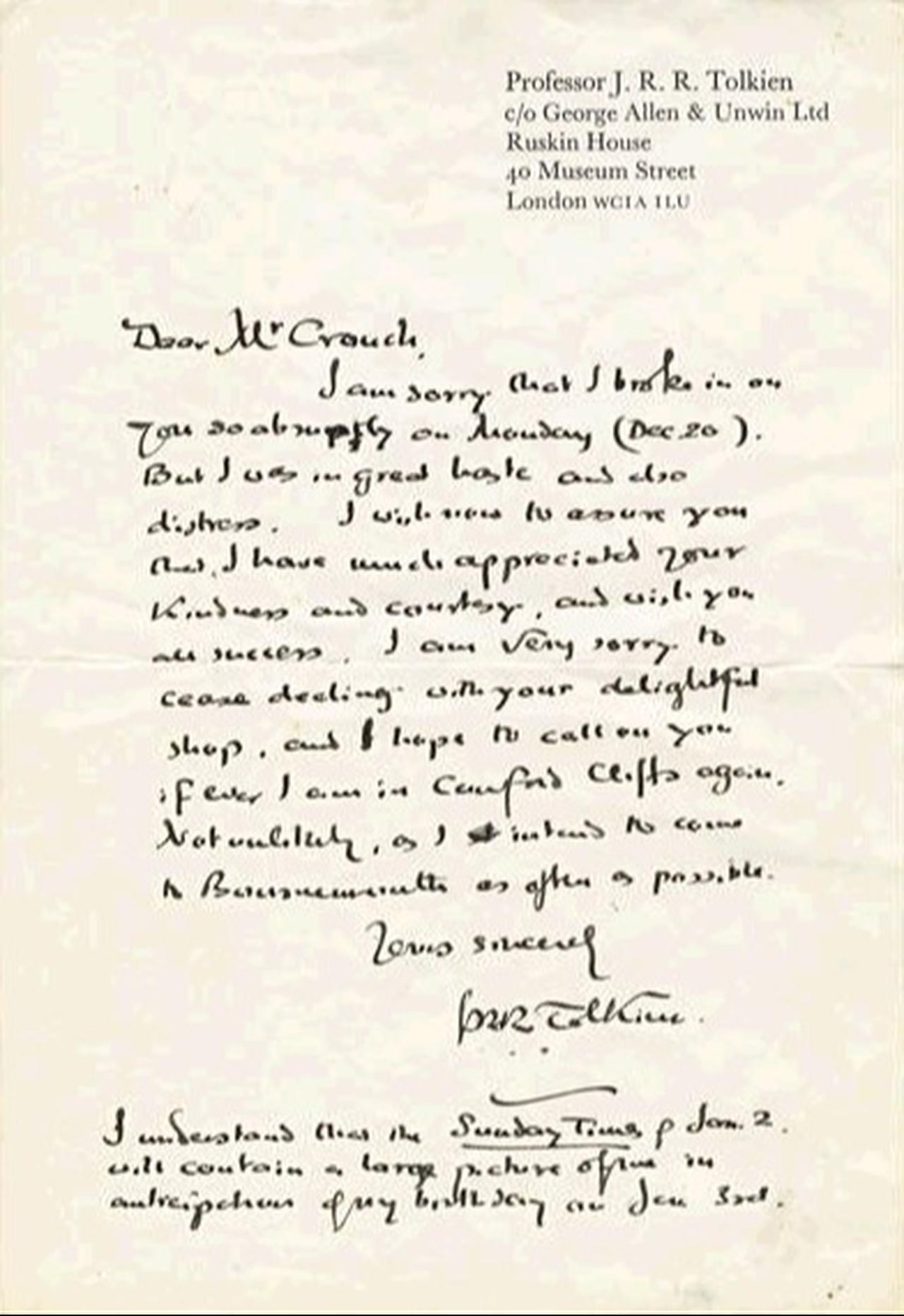 A handwritten letter signed by J.R.R. Tolkien. (Photo via tolkiengateway.net)