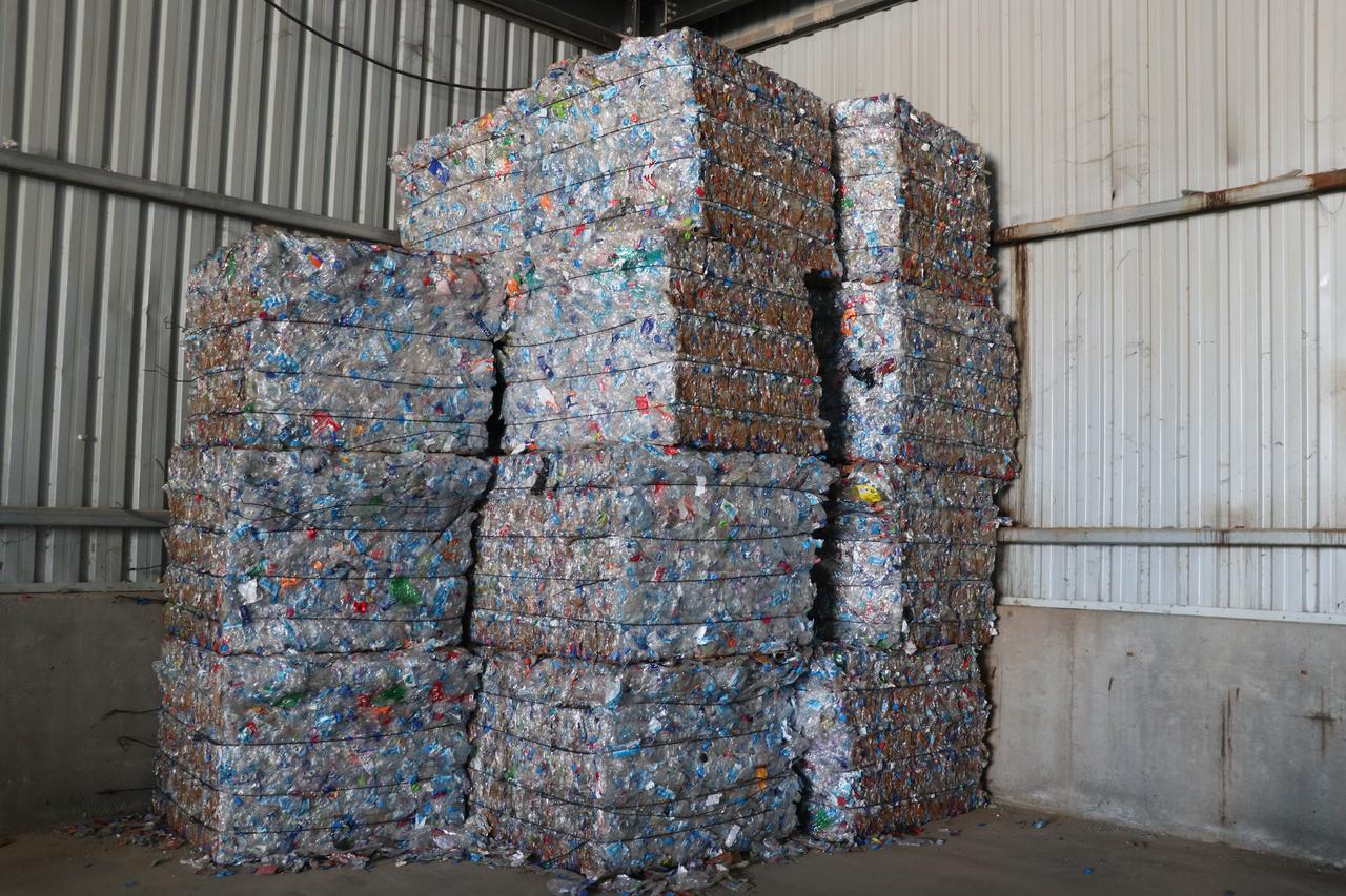 Bales of recycled plastic bottles are stacked at a deposit return center in Sakarya, Türkiye, July 10, 2026. (AA Photo)