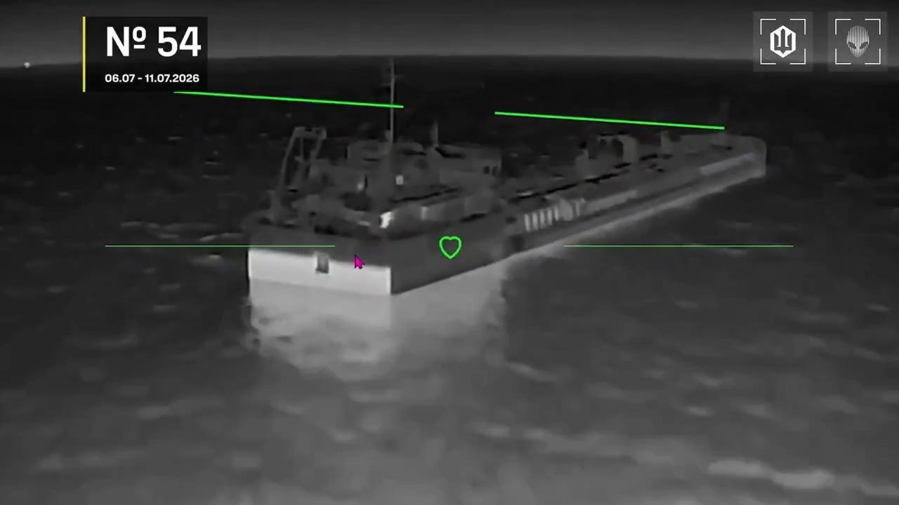 The screengrab photo shows a Russian vessel in the Sea of Azov during an attack by the Ukrainian drones on July 11, 2026. (Photo via Telegram)
