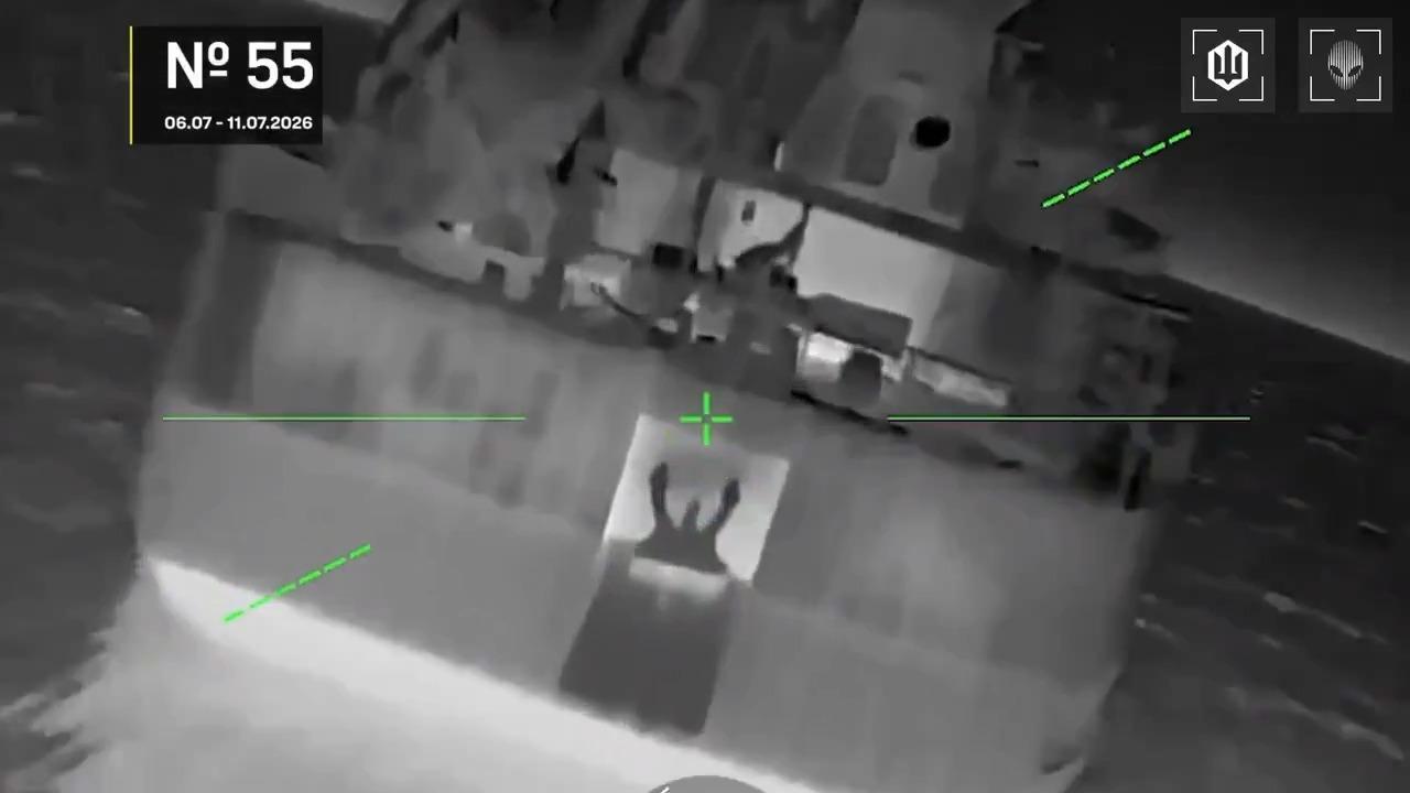 The screengrab photo shows a Russian vessel in the Sea of Azov during an attack by the Ukrainian drones on July 11, 2026. (Photo via Telegram)