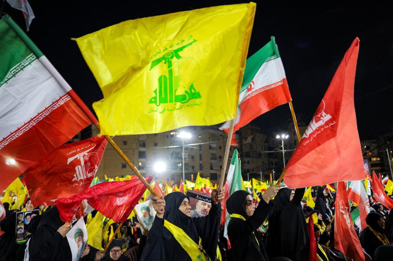 Supporters of Hezbollah attend a memorial ceremony mourning Iran's slain supreme leader Ali Khamenei in Beirut’s southern suburbs, July 8, 2026. (AFP Photo)