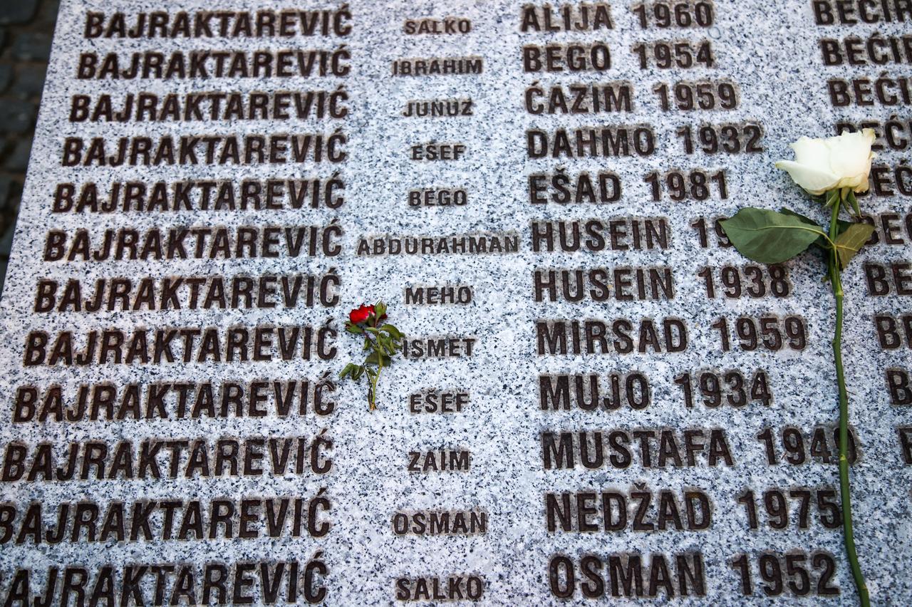 Names of Bajraktarevic family members killed in the Srebrenica genocide are seen on a memorial in Srebrenica, Bosnia and Herzegovina, July 11, 2026. (AA Photo)