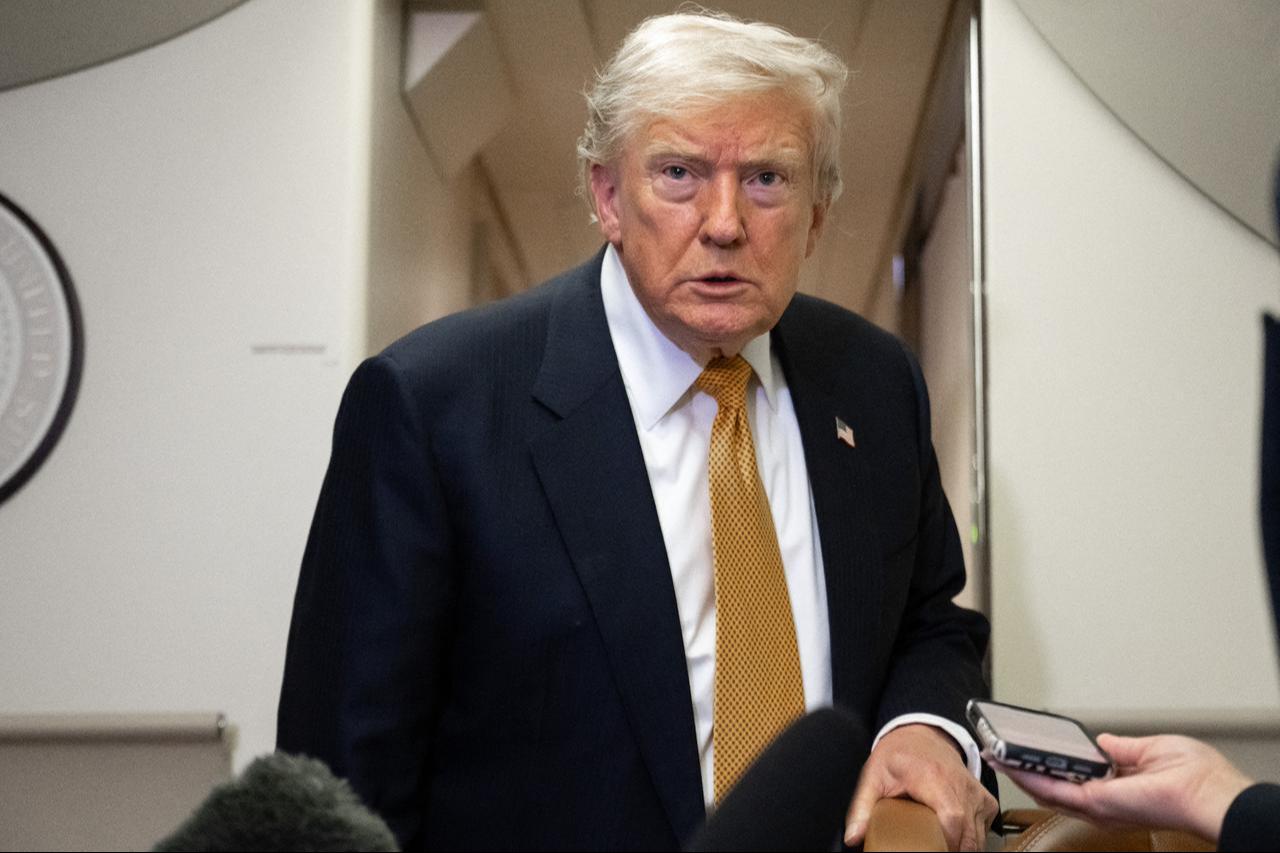US President Donald Trump speaks with the media aboard Air Force One shortly after departure from Mildenhall Air Force Base in the United Kingdom, after he switched from the old VC-25A Air Force One to the newer VC-25B Bridge Air Force One, enroute to Washington, July 8, 2026. (AFP Photo)