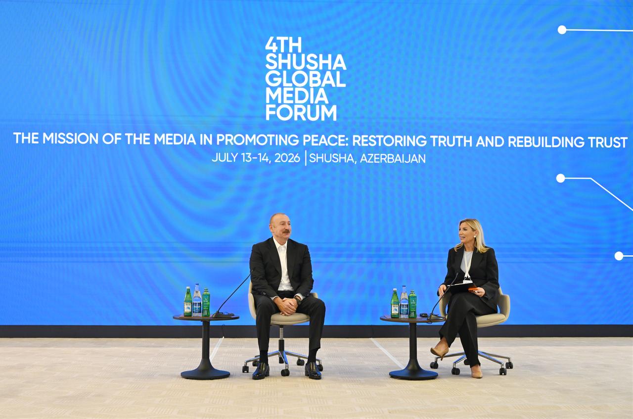 Azerbaijani President Ilham Aliyev delivered a speech at the 4th Shusha Global Media Forum in Baku, Azerbaijan, July 13, 2026. (AA Photo)