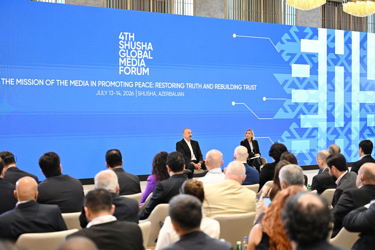 Azerbaijani President Ilham Aliyev delivered a speech at the 4th Shusha Global Media Forum in Baku, Azerbaijan, July 13, 2026. (AA Photo)