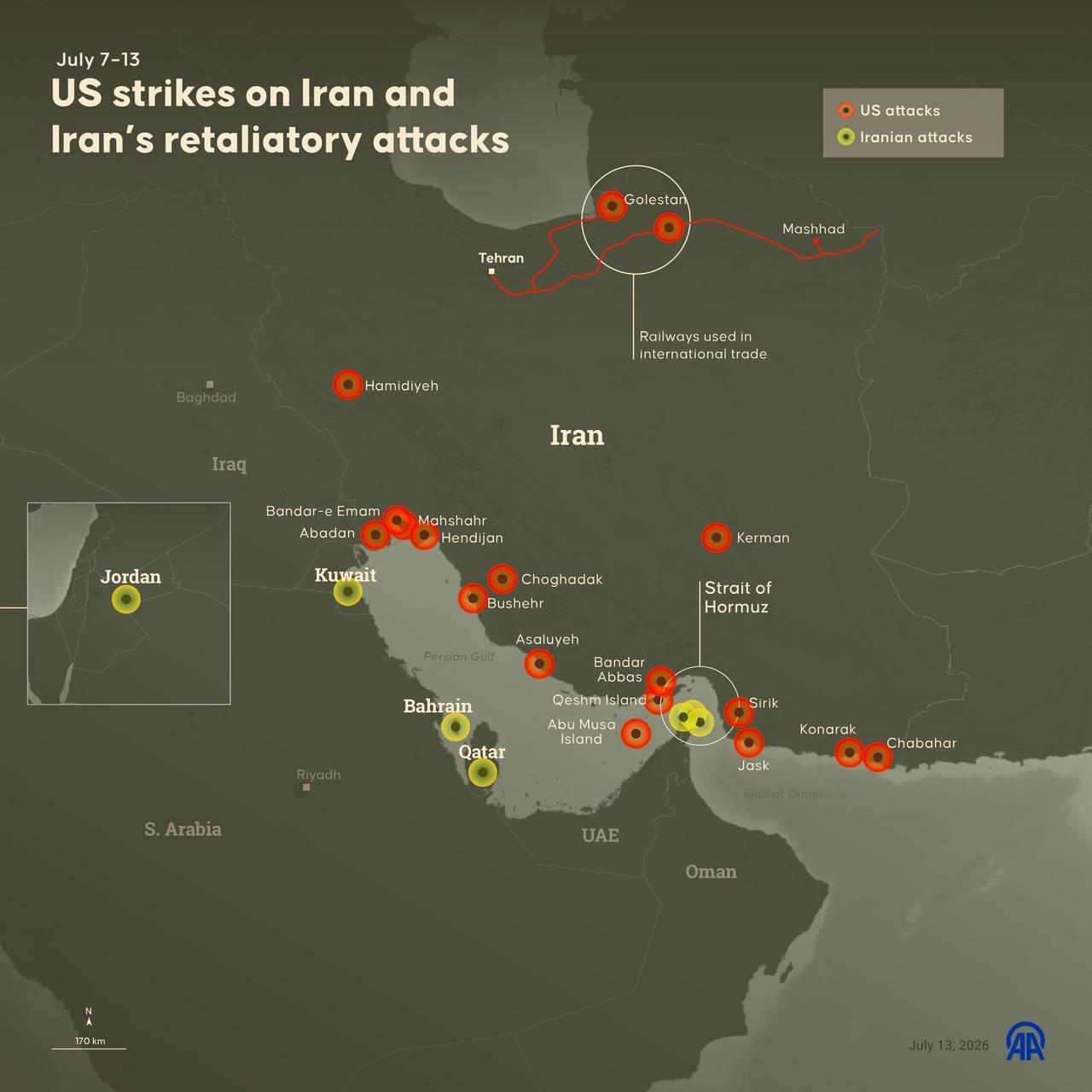 An infographic titled "US strikes on Iran and Iran’s retaliatory attacks" was created in Ankara, Türkiye, on July 13, 2026. (AA Infographic)