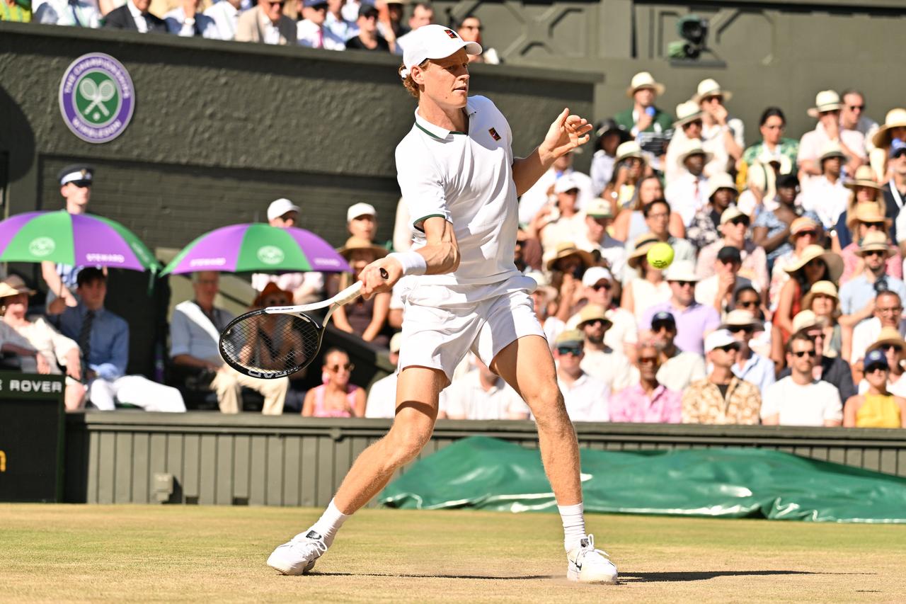 Jannik Sinner of Italy plays in the Mens singles finals match against Alexander Zverev of Germany during day 14 of The Wimbledon Tennis Championships at All England Lawn Tennis and Croquet Club in London, United Kingdom, July 12, 2026. (AA Photo)