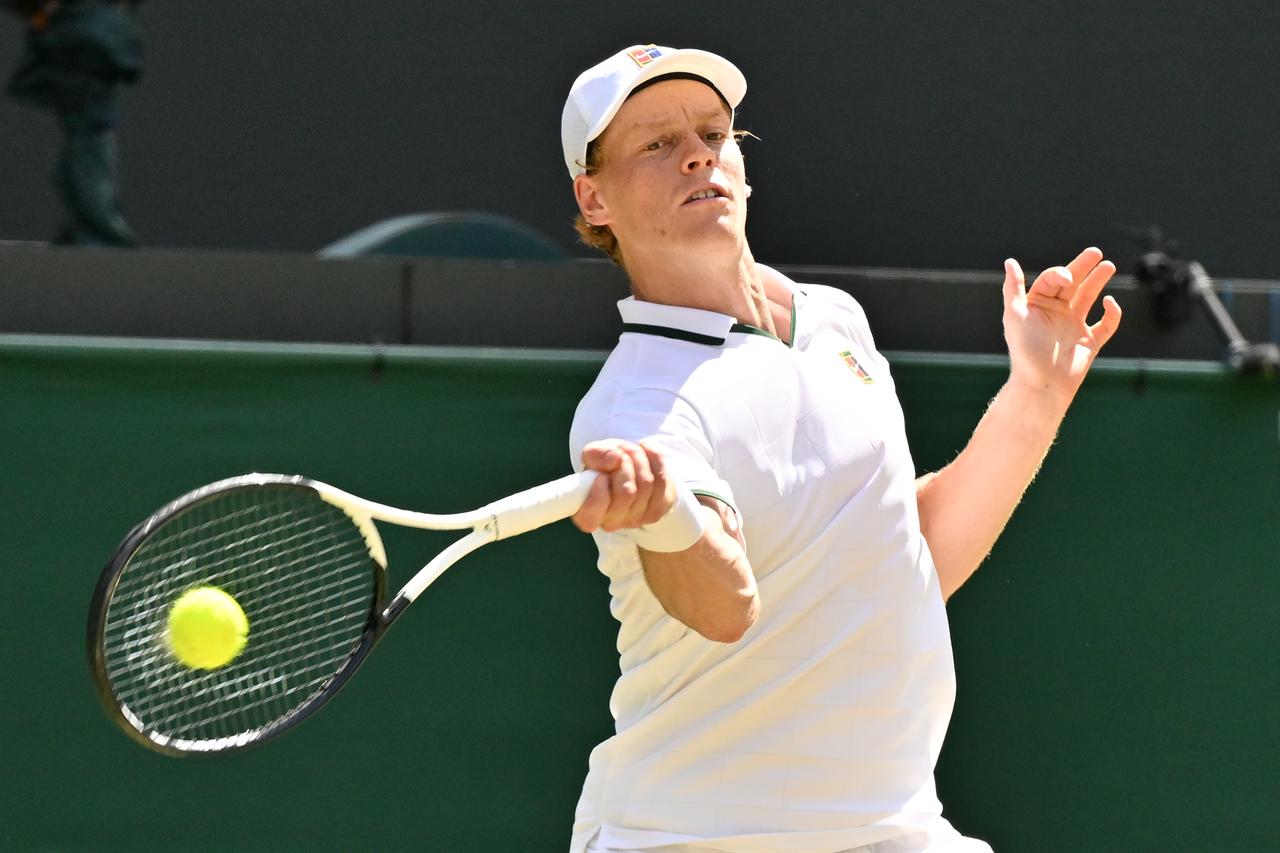 Jannik Sinner of Italy plays in the men's singles quarter-finals match against Jan-Lennard Struff (not seen) of Germany during day 9 of The Wimbledon Tennis Championships at All England Lawn Tennis and Croquet Club in London, United Kingdom, July 7, 2026. (AA Photo)
