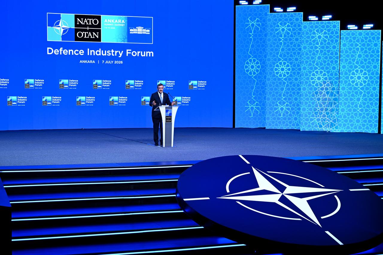 Turkish Vice President Cevdet Yilmaz speaks during the Defense Industry Forum held at ATO Congresium in Ankara, Türkiye, as part of the 36th NATO Summit, July 7, 2026. (AA Photo)