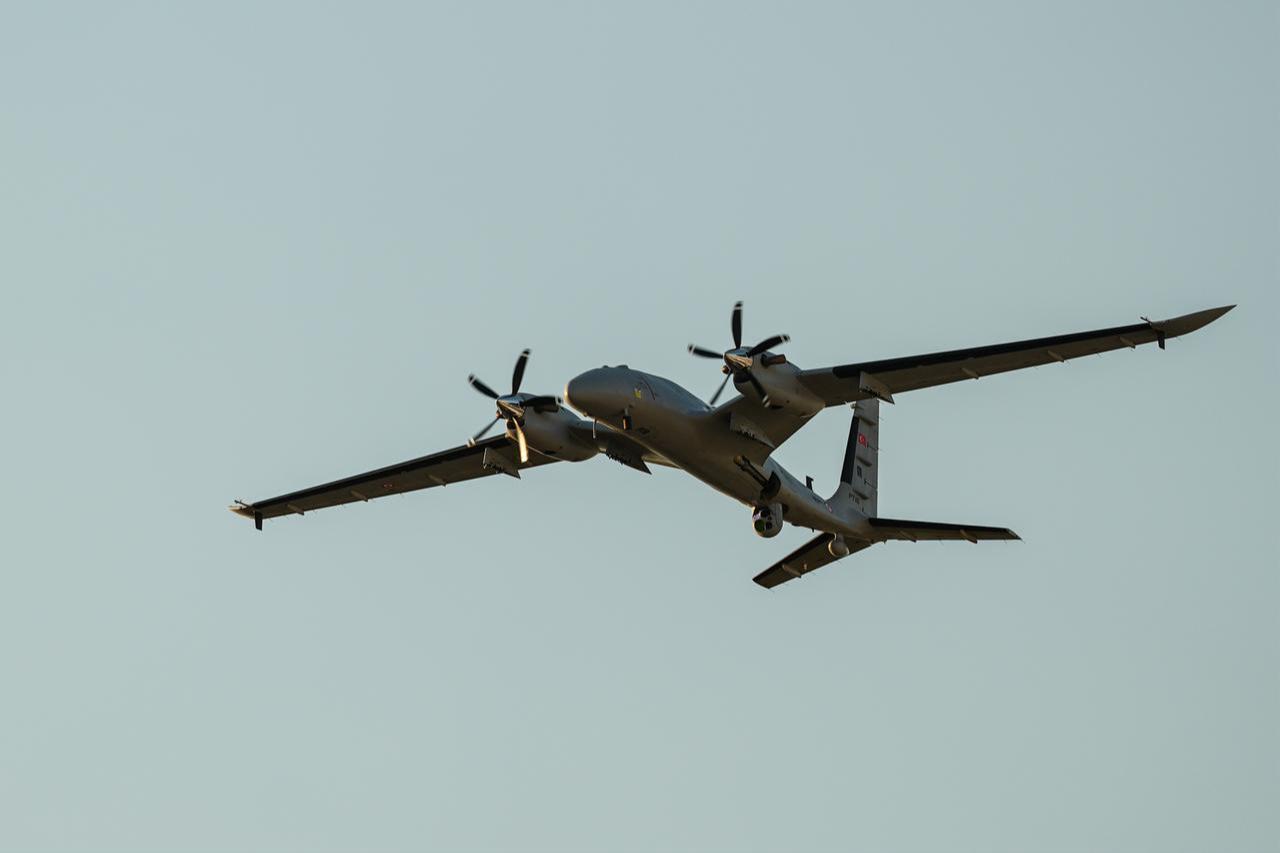 Bayraktar Akinci UCAV performs a demonstration flight during NATO Summit Defense Industry Forum 2026 Reception at the Turkish Aerospace Industries (TAI) campus in Ankara, Türkiye, July 7, 2026. (AA Photo)