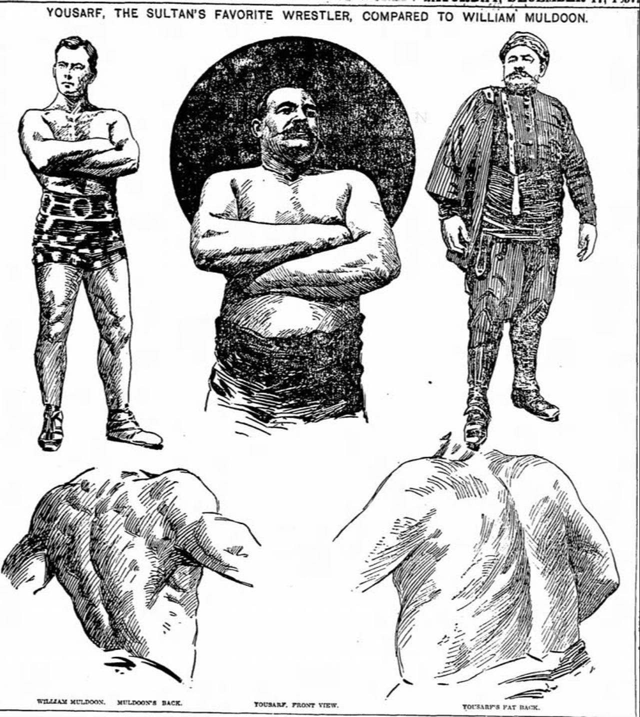 A New York World illustration published on Dec. 11, 1897, compares the physiques of American wrestler William Muldoon and Ottoman champion Yusuf Ismail. (Image via New York World)