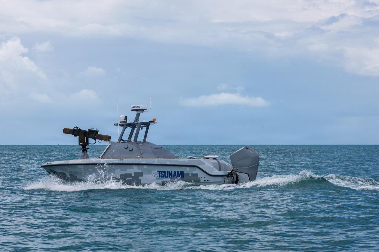 An unmanned surface vehicle (USV) sails off the coast of Key West, Fla., during the annual Fleet Experimentation (FLEX) 2026 event, April 24, 2026. (Photo via U.S. Navy)