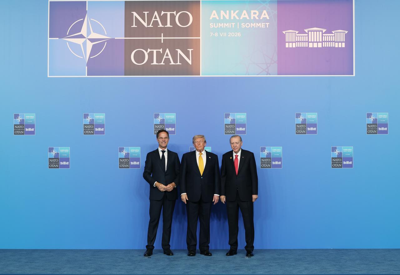 Turkish President Recep Tayyip Erdogan (R) and NATO Secretary General Mark Rutte (L) welcome US President Donald Trump ahead of the North Atlantic Council meeting, held as part of the 36th NATO Summit of Heads of State and Government in Ankara, Türkiye, July 8, 2026. (Turkish Presidency/HO)