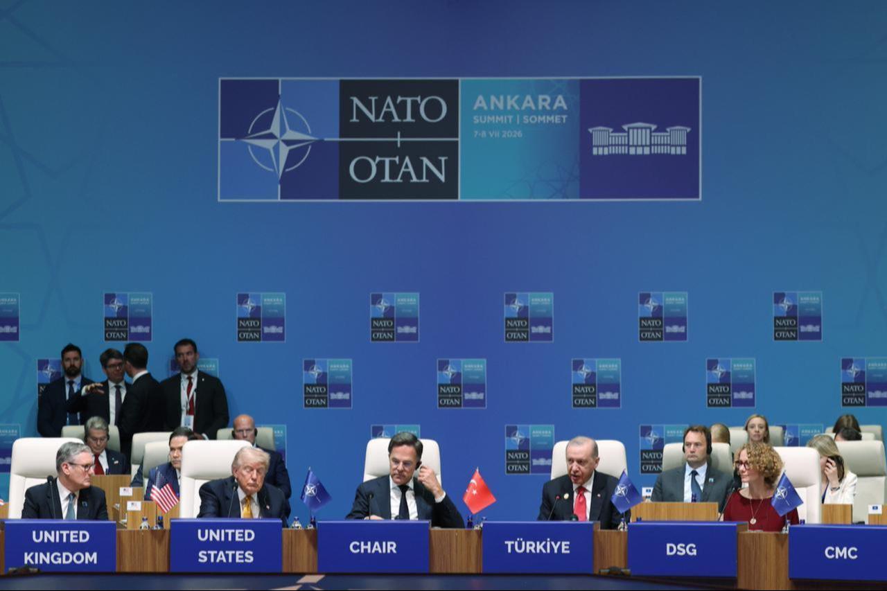 President Recep Tayyip Erdogan (2nd R), British PM Keir Starmer (L), U.S. President Donald Trump (2nd L), NATO Secretary General Mark Rutte (C) and NATO Deputy Secretary General Radmila Shekerinska (R) attend the North Atlantic Council meeting in Ankara, July 8, 2026. (Photo via Turkish Presidency/HO)