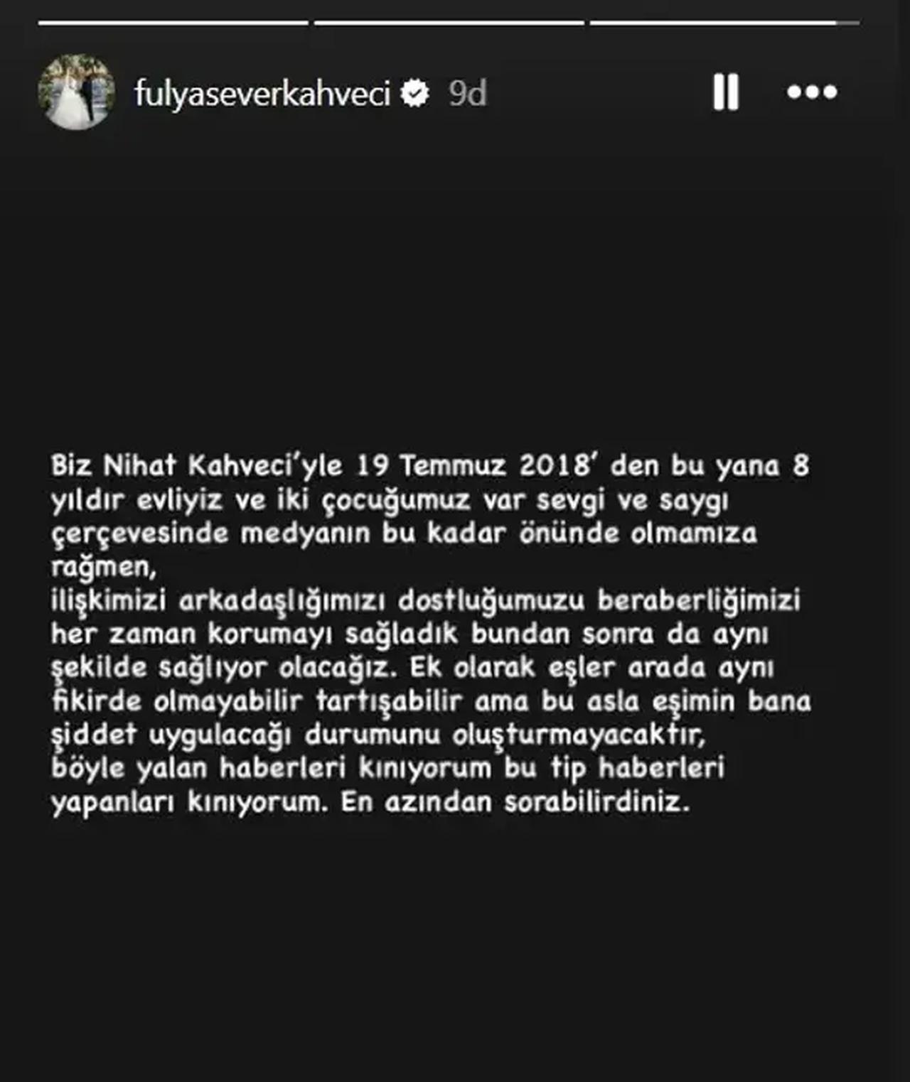 Fulya Sever Kahveci rejects allegations that her husband, former footballer Nihat Kahveci, used violence against her in an Instagram Story that was later deleted. (Photo via Instagram/@fulyaseverkahveci)