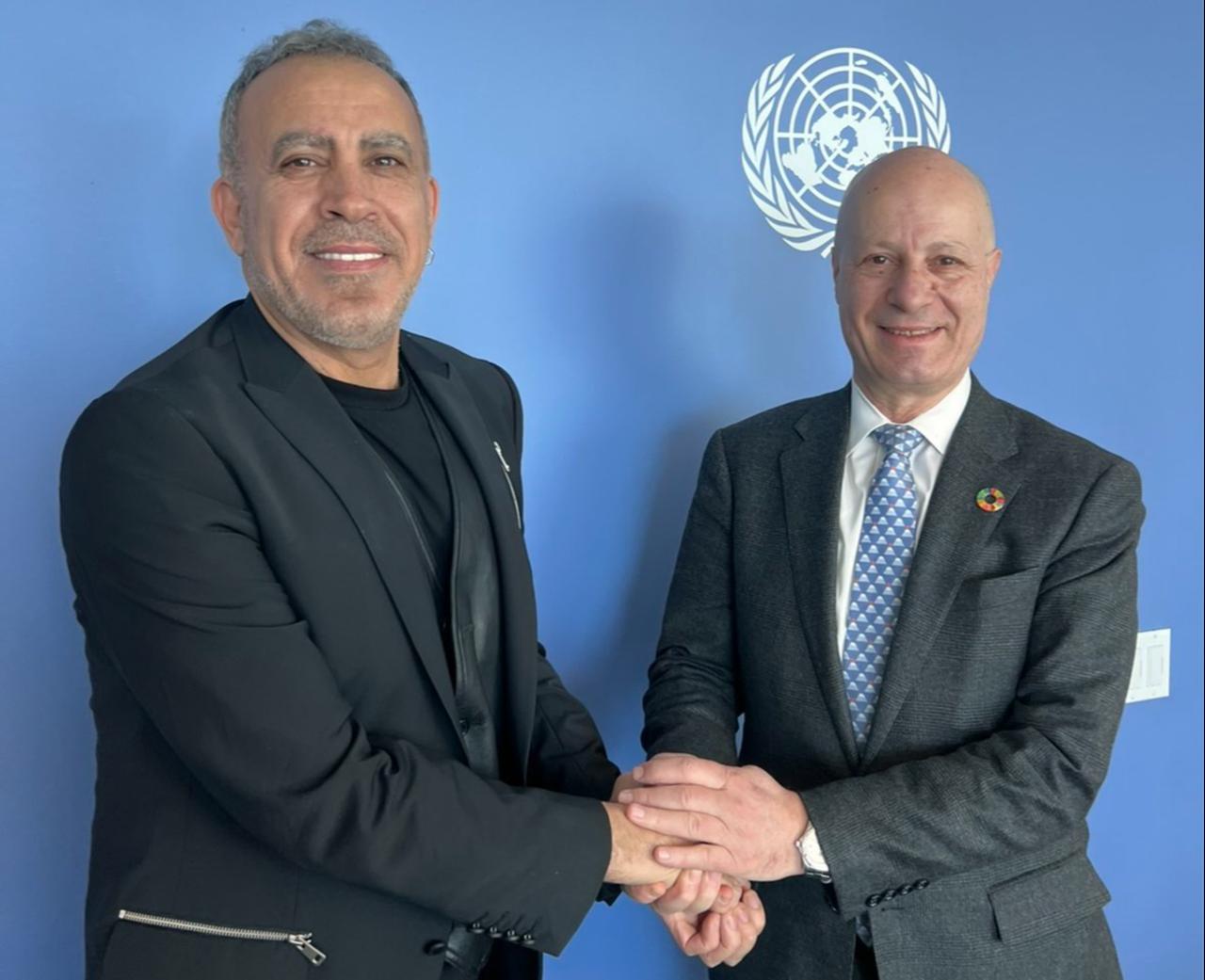Haluk Levent meets Maher Nasser, director of outreach at the United Nations Department of Global Communications, during discussions on developing an aid initiative for Gaza in cooperation with UNRWA, in a photo shared on Feb. 7, 2024. (Photo via X/@haluklevent)