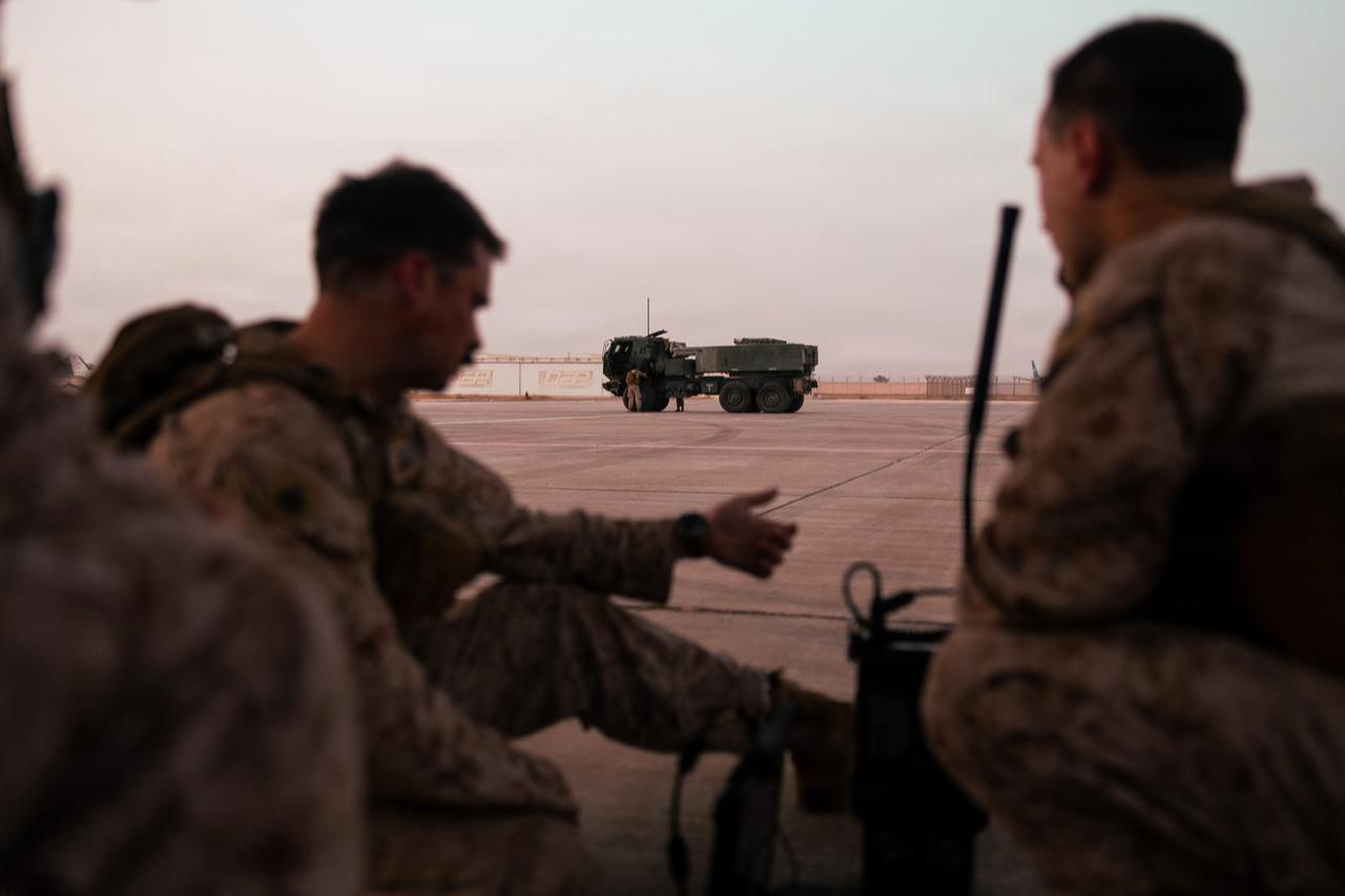 U.S. Marines disembark during a High Mobility Artillery Rocket System Rapid Insertion training exercise in the U.S. Central Command area of responsibility, July 3, 2026. (Photo via U.S. Marine Corps)