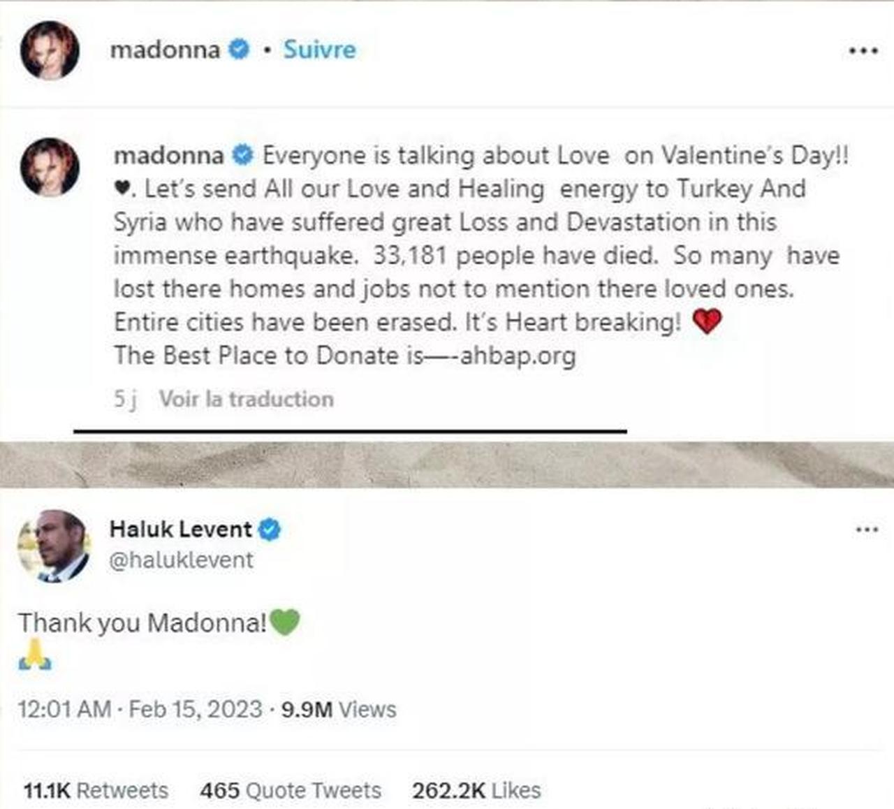 This screenshot shows a post from Madonna's Instagram account expressing condolences and calling for donations to the AHBAP foundation following the February 2023 earthquakes in Türkiye and Syria.