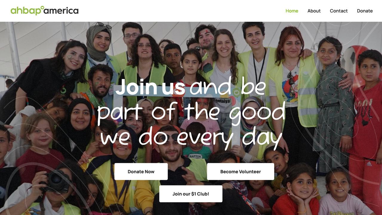 This image shows a website banner featuring a group of individuals smiling together for the Ahbap organization.