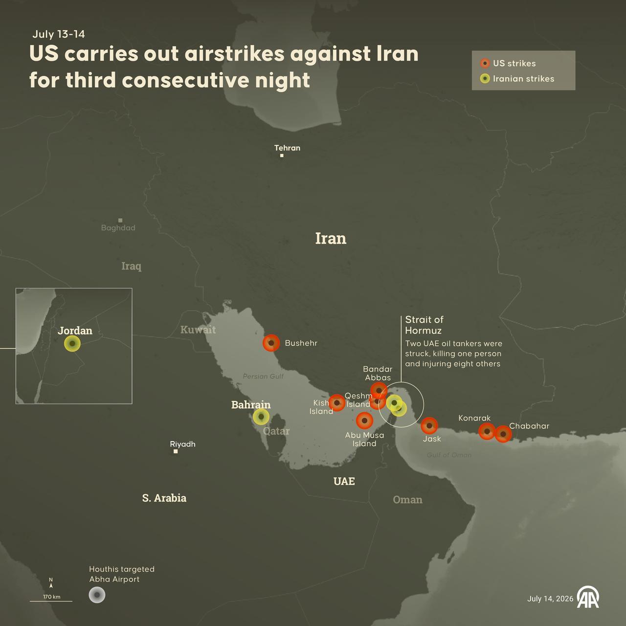An infographic titled "US carries out airstrikes against Iran for third consecutive night" was created in Ankara, Türkiye, July 14, 2026. (AA Infographic)