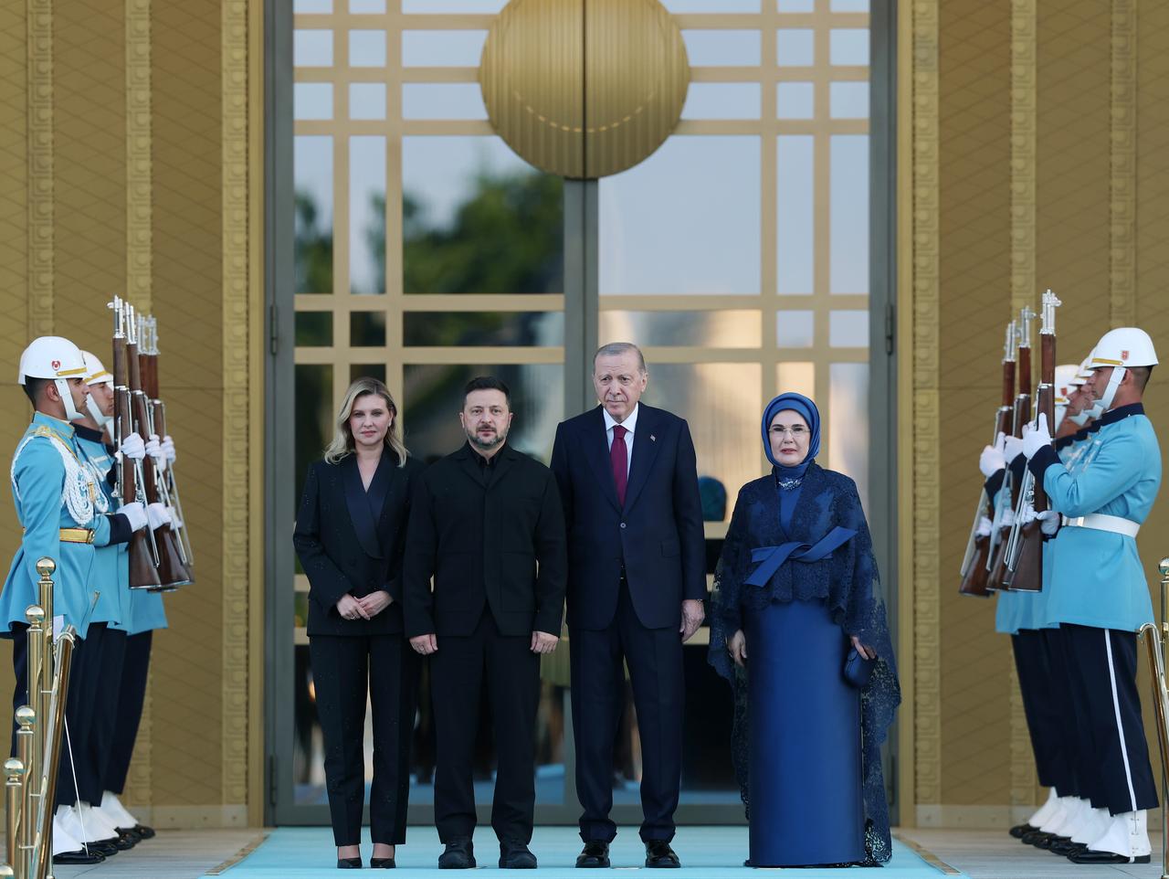 President Recep Tayyip Erdogan and his wife Emine Erdogan welcome Ukrainian President Volodymyr Zelenskyy and his wife Olena Zelenska during a reception in Ankara, July 7, 2026. (Photo via Turkish Presidency/Murat Kula)