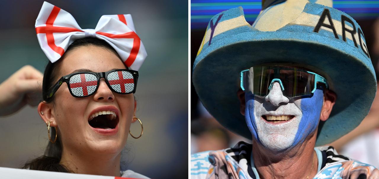 Collage of England fan in Miami on July 11, 2026 (L); and Argentina fan in Kansas City on July 11, 2026. (AFP Photo)