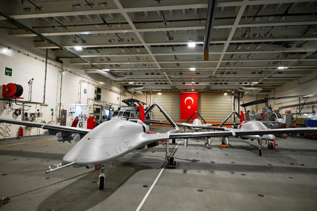 Bayraktar TB3 UCAVs are being displayed at the Turkish naval vessel TCG Anadolu, docked in Rotterdam, South Holland, as part of the NATO exercise Steadfast Dart, Feb. 27, 2026. (AA Photo)