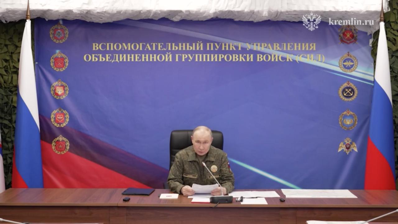 A screen grab taken from a video shows Russian President Vladimir Putin during a military meeting with Chief of the General Staff of the Russian Armed Forces, Valery Gerasimov, and senior troop commanders at a command center of the Joint Group of Forces in Russia on July 03, 2026. (Kremlin Press Service/AA Photo)