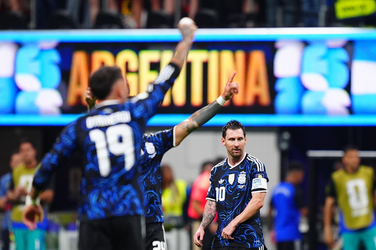 Players of Argentina celebrate a goal during the 2026 FIFA World Cup semifinal match between England and Argentina at Atlanta Stadium in Atlanta, Georgia, United States, July 15, 2026. (AA Photo)