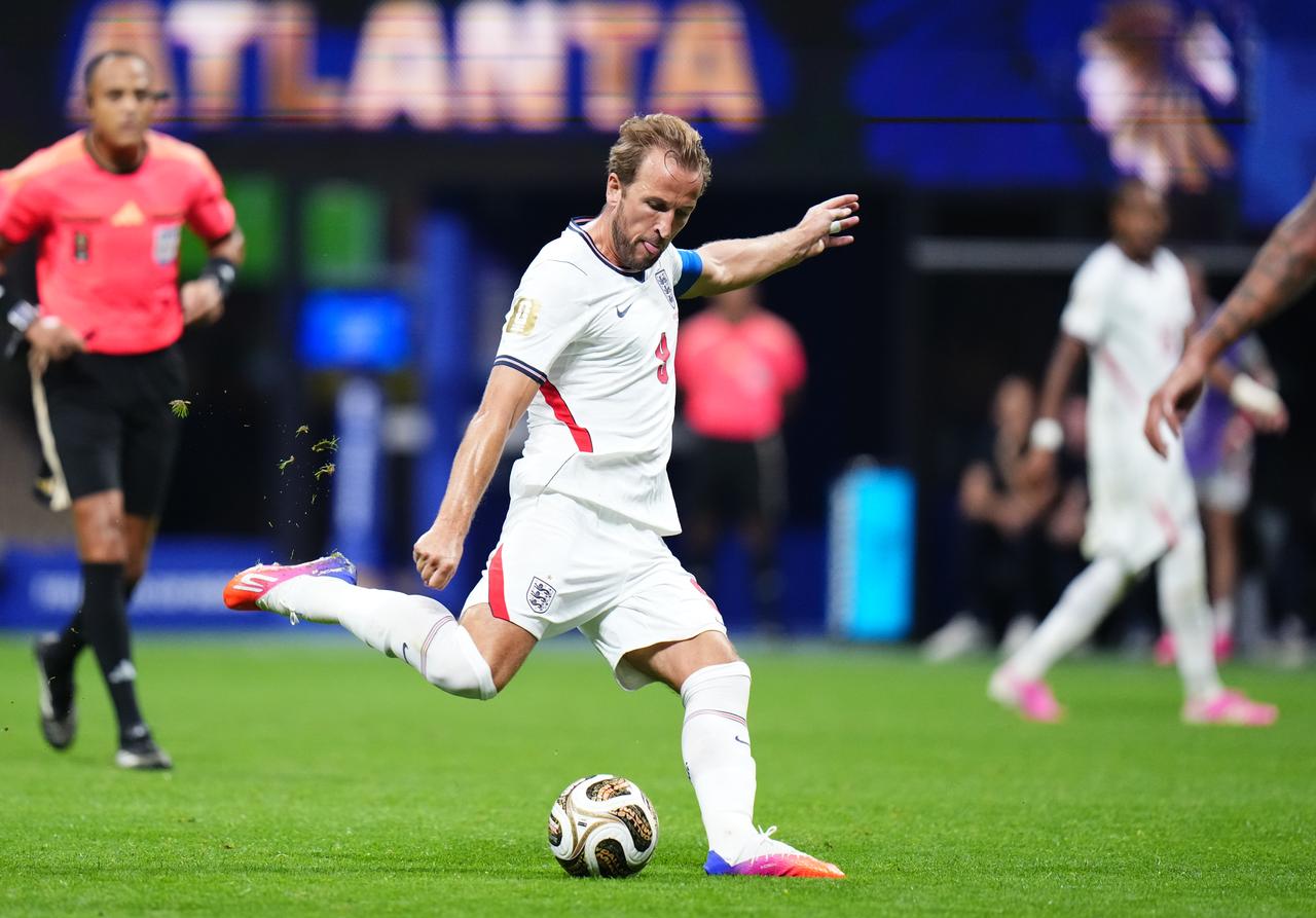 Harry Kane of England kicks the ball during the 2026 FIFA World Cup semifinal match between England and Argentina at Atlanta Stadium in Atlanta, Georgia, United States, July 15, 2026. (AA Photo)