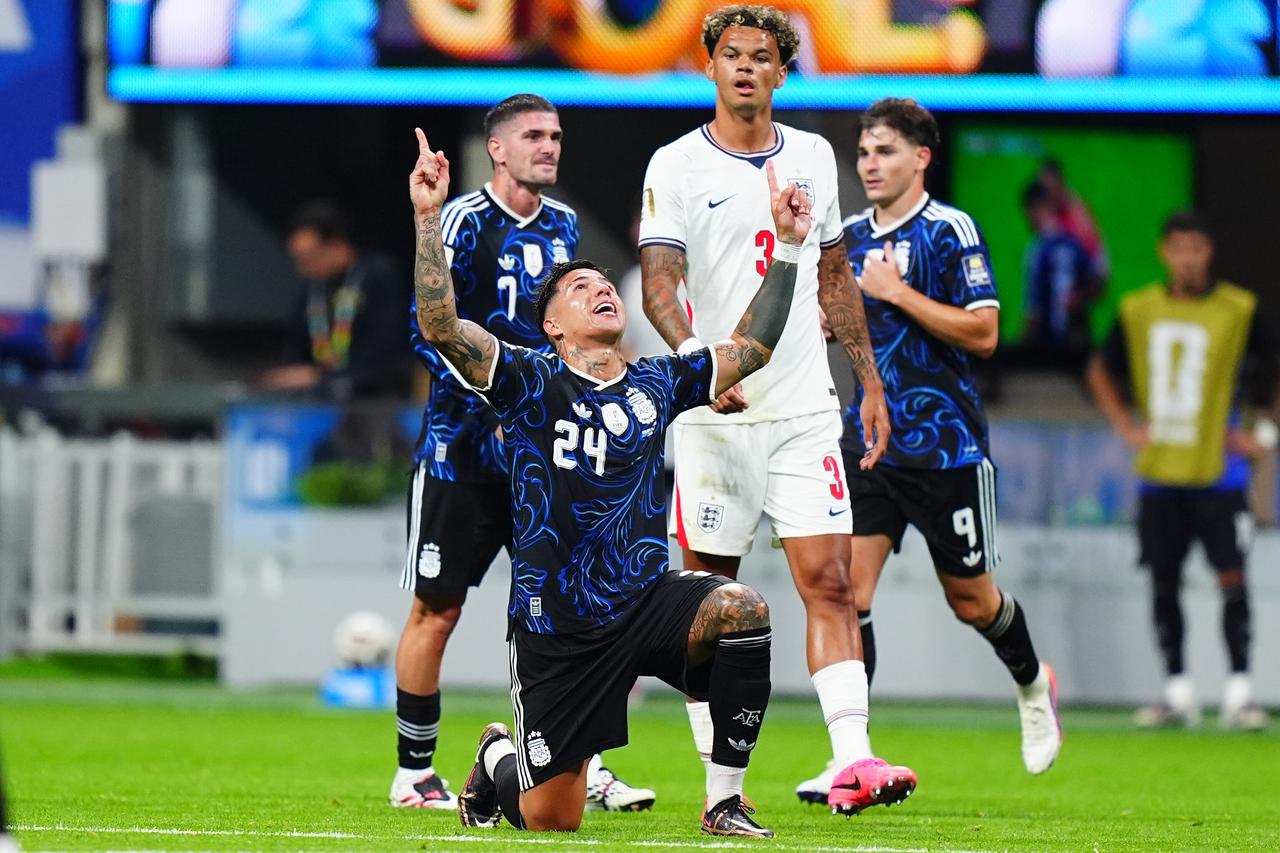 Argentina’s Enzo Fernandez (24) celebrates during the 2026 FIFA World Cup semifinal match between England and Argentina at Atlanta Stadium in Atlanta, Georgia, United States, July 15, 2026. (AA Photo)