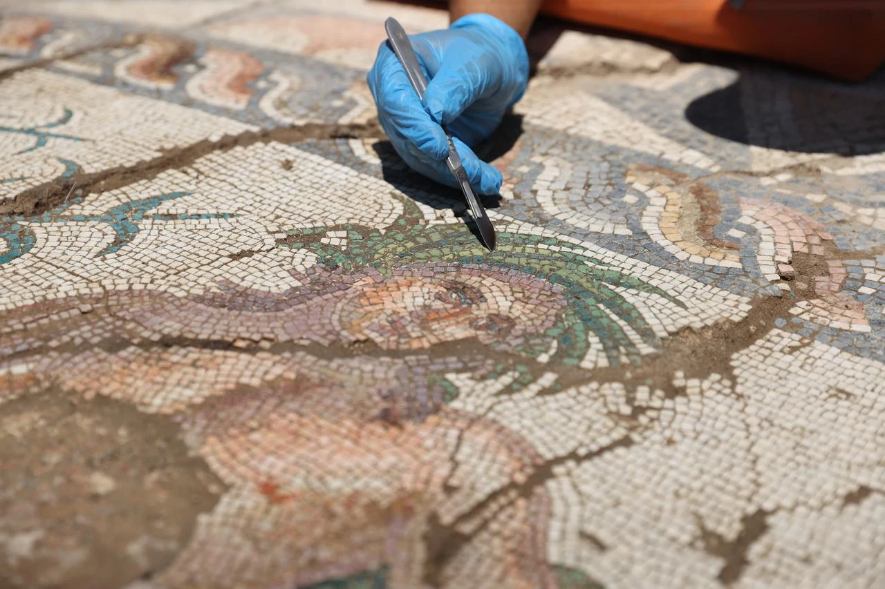A third-century mosaic depicting the river god Young Eurymedon is seen at Aspendos Ancient City in Serik, Antalya, Türkiye, July 17, 2026. (AA Photo)