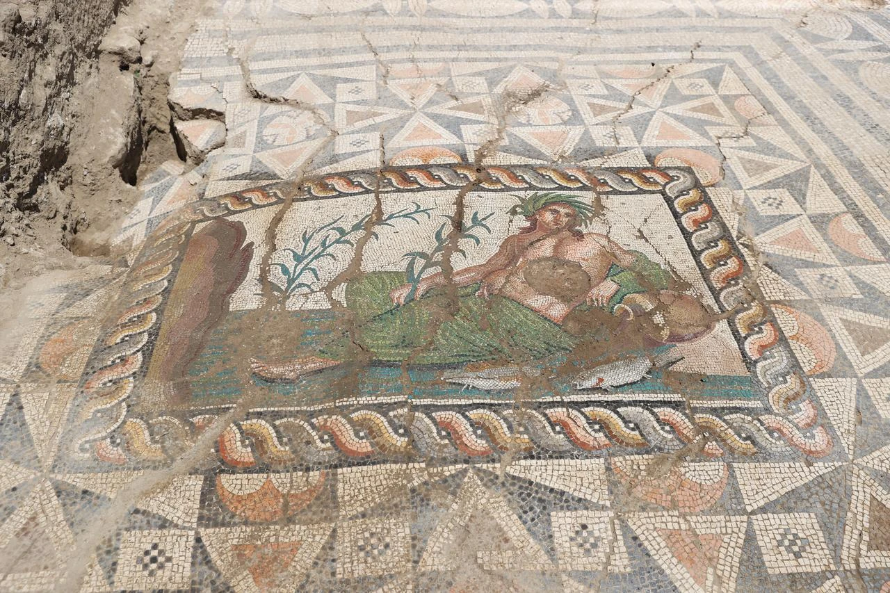 A third-century mosaic depicting the river god Young Eurymedon is seen at Aspendos Ancient City in Serik, Antalya, Türkiye, July 17, 2026. (AA Photo)