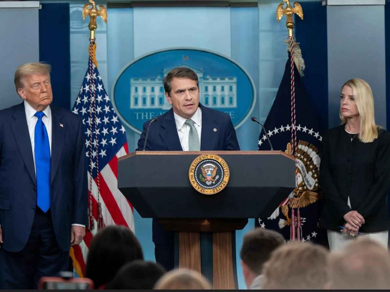 President Donald Trump, Acting Attorney General Tod Blanche and former Attorney General Pam Bondi (Photo via White House)