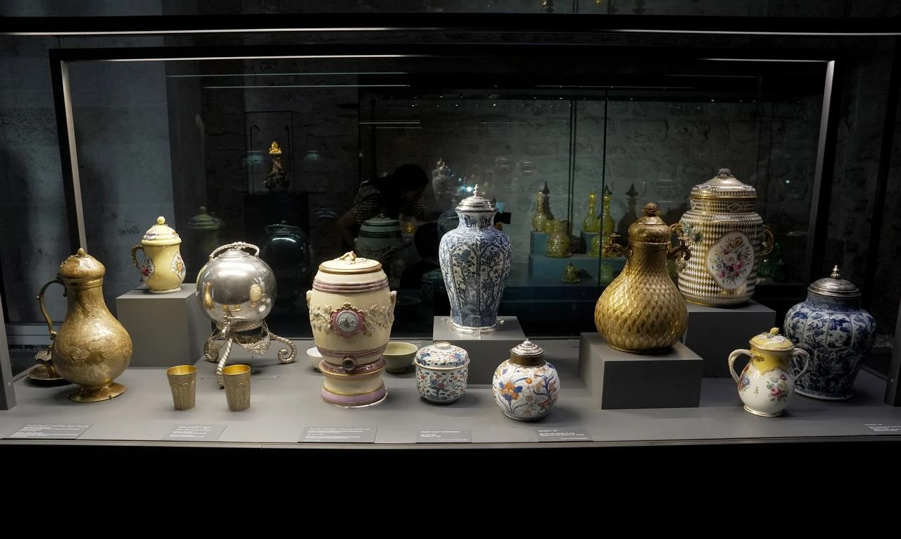 A selection of ornate sherbet vessels is displayed in the restored Şerbethane section of Topkapı Palace in Istanbul, Türkiye, July 17, 2026. (AA Photo)