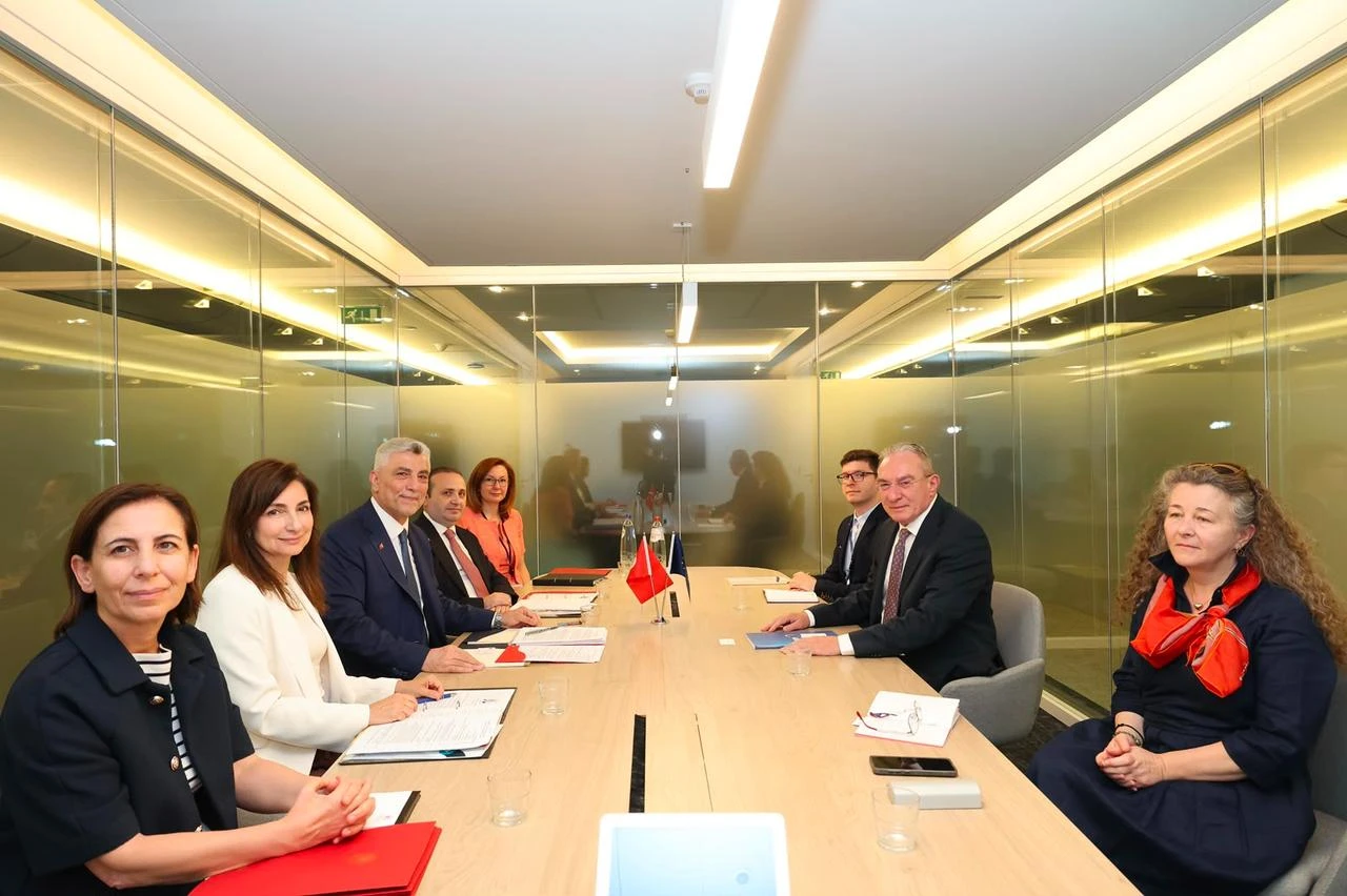 Turkish Trade Minister Omer Bolat (3rd L) meets with Vice Chair of the International Trade Committee (INTA) Iuliu Winkler (2nd R) during his official contacts at the European Parliament in Brussels, Belgium, July 16, 2026. (AA Photo)