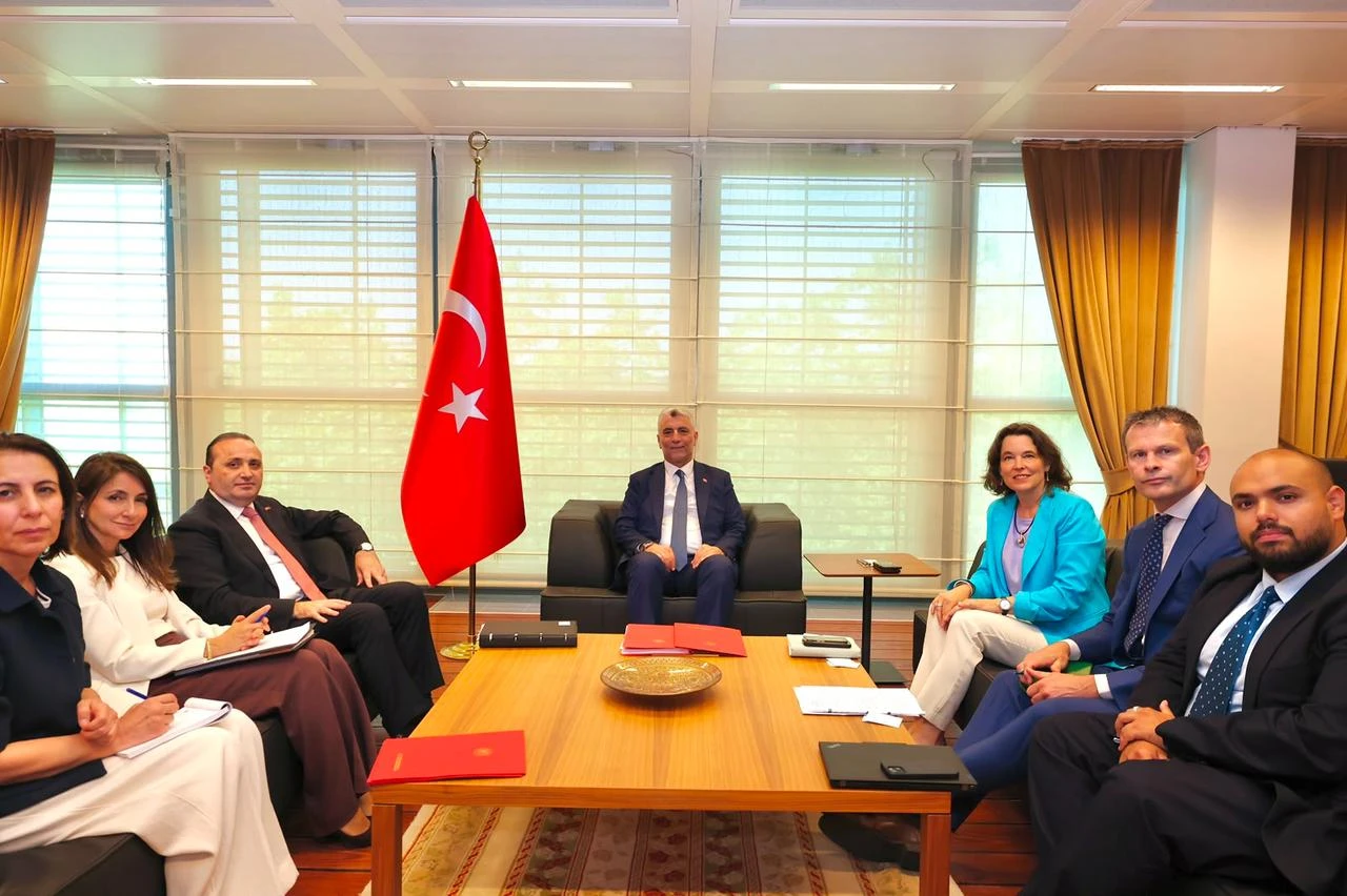 Turkish Trade Minister Omer Bolat meets with Sigrid de Vries, Director General of the European Automobile Manufacturers' Association (ACEA), and representatives of ACEA member companies within the framework of his official contacts in Brussels, Belgium, July 16, 2026. (AA Photo)