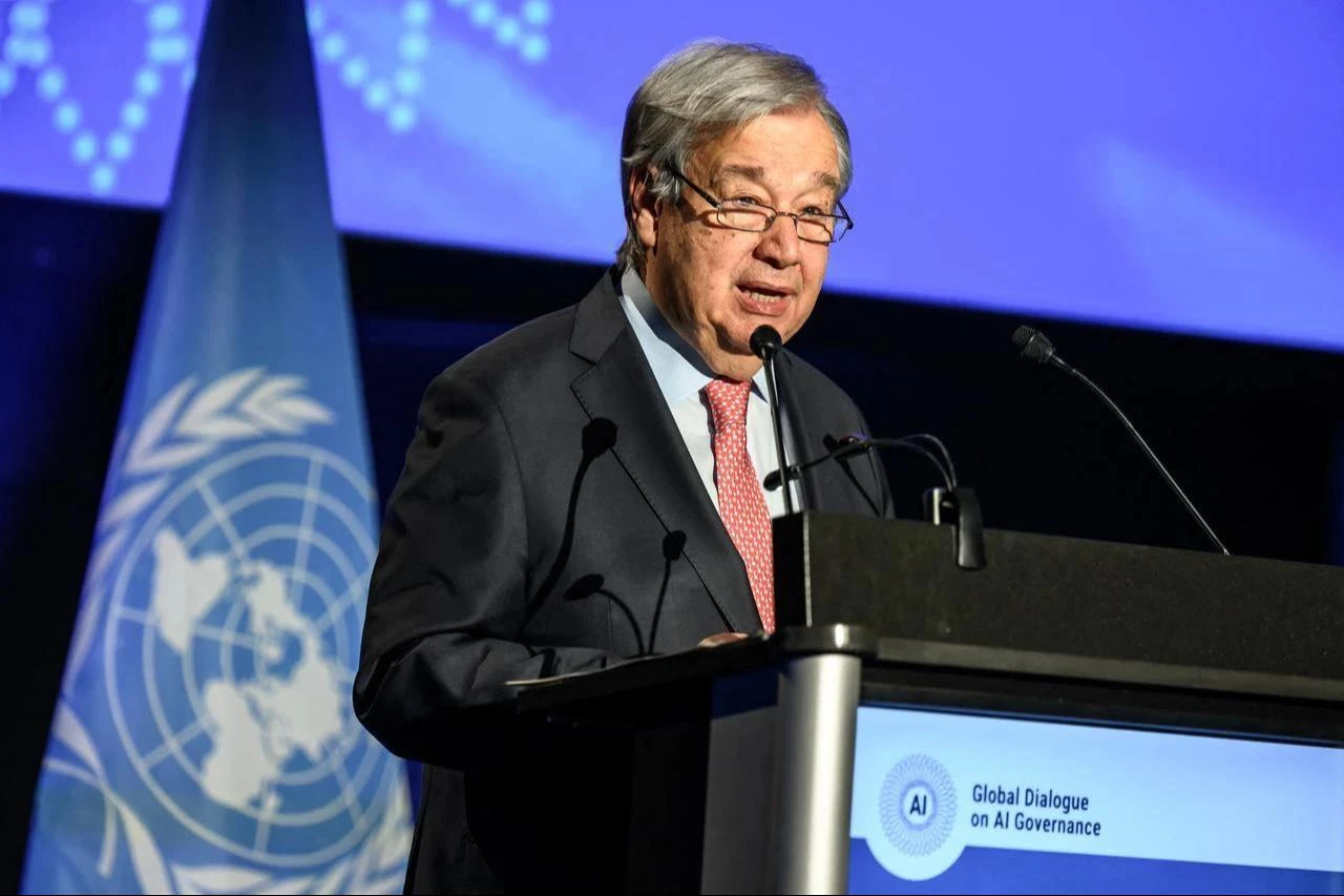 UN Secretary-General Antonio Guterres delivers the opening speech of the first Global Dialogue on AI Governance, in Geneva, Switzerland, July 6, 2026. (AFP Photo)