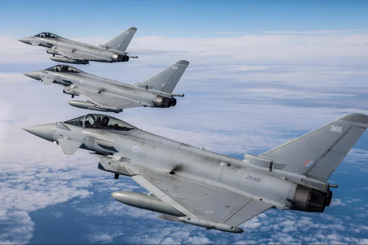 Royal Air Force (RAF) Typhoons from XI(F) Squadron, RAF Coningsby in Lincolnshire, over the North Sea on 15th June 2020. (Photo via Crown Copyright)