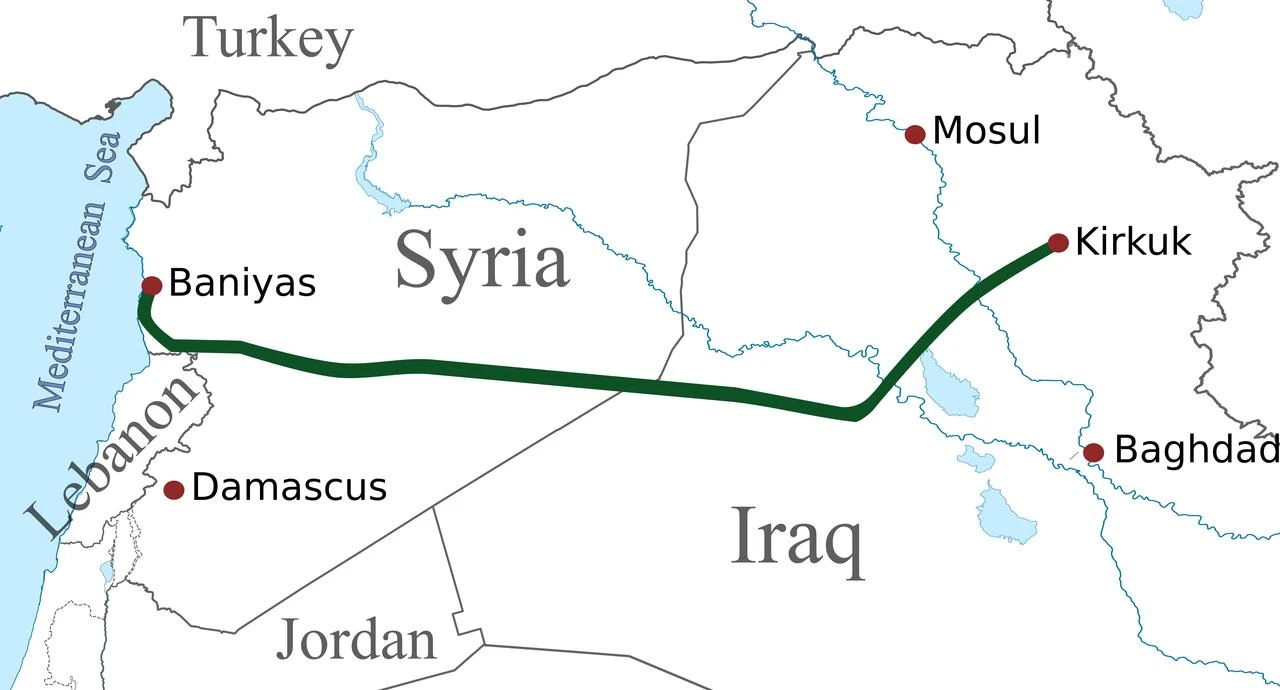Map shows the route of the proposed Kirkuk-Baniyas crude oil pipeline linking Iraq's northern Kirkuk oil fields with Syria's Mediterranean port of Baniyas. (Image via wikimedia.org)