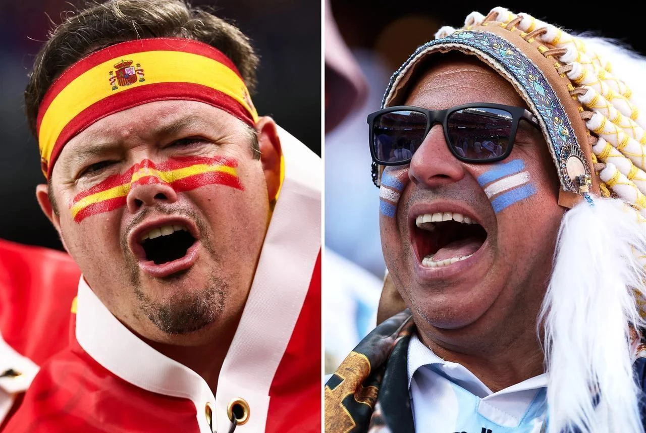 Collage of Spain supporter in Arlington on July 14, 2026 (L); and an Argentina supporter in Kansas City on July 11, 2026. (AFP Photo)