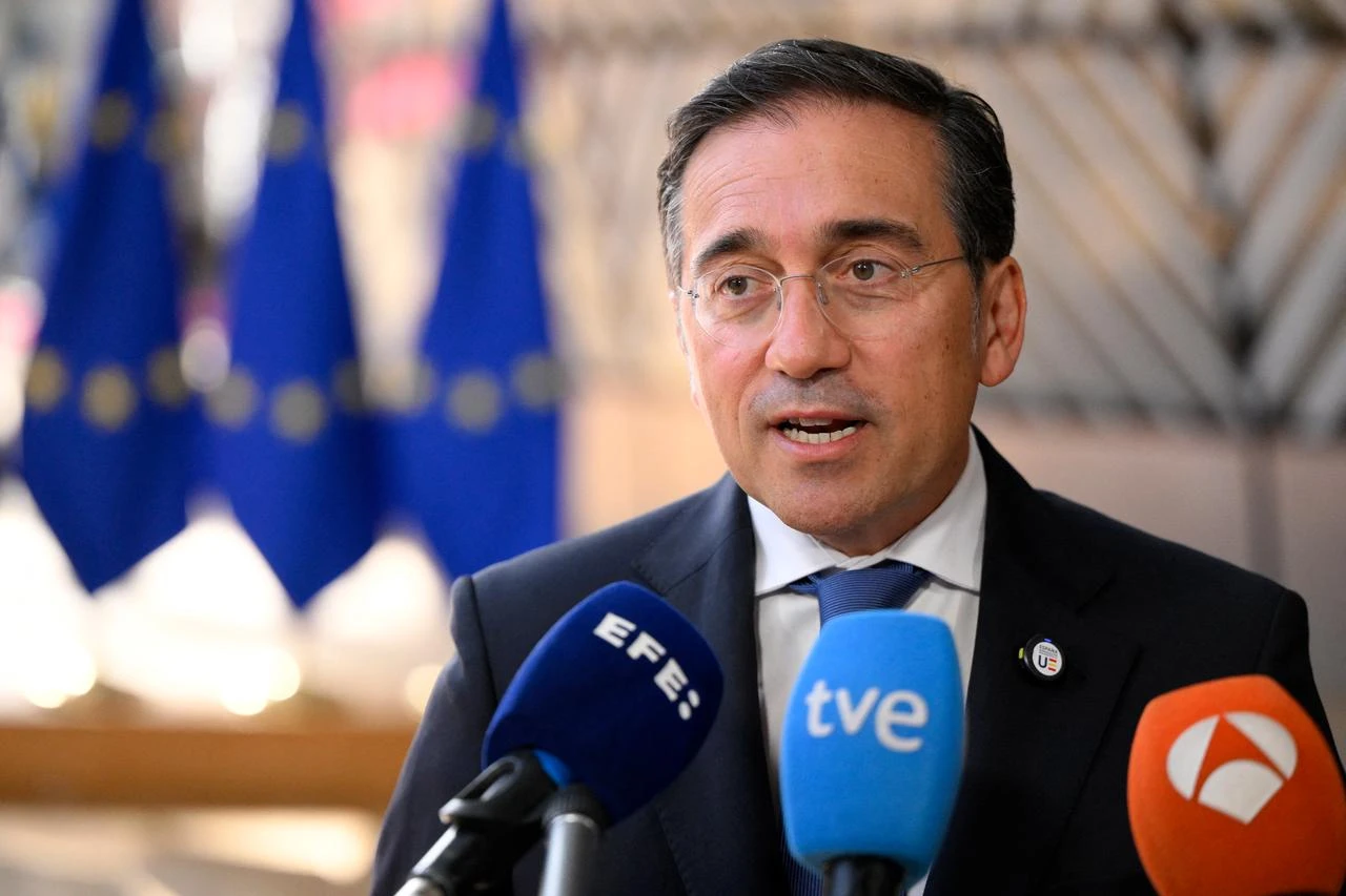 Spain's Foreign Minister Jose Manuel Albares Bueno speaks to reporters during an EU meeting in Brussels, Belgium, July 13, 2026. (AFP Photo)