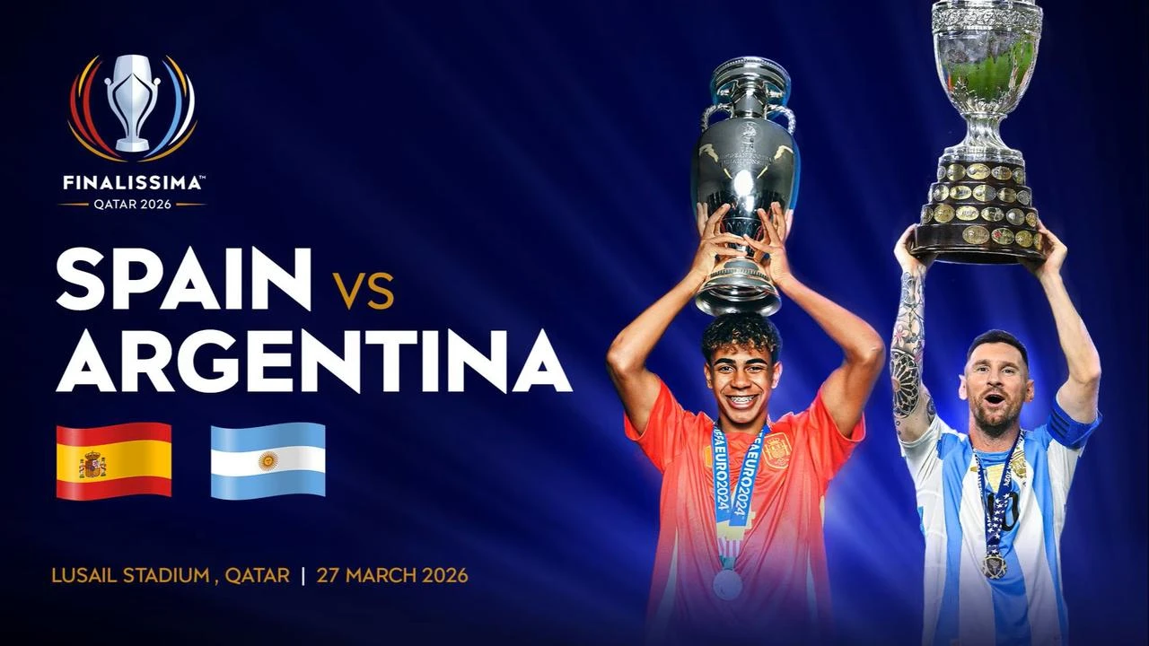 Lamine Yamal and Lionel Messi appear in a promotional poster for the Finalissima match between Spain and Argentina, scheduled at Lusail Stadium in Qatar, March 27, 2026. (Photo via UEFA)