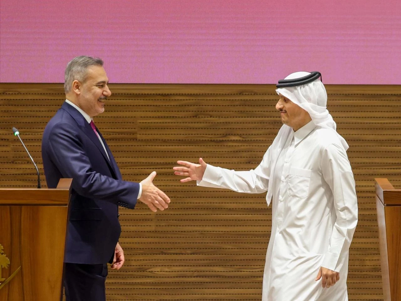Turkish Foreign Minister Hakan Fidan and Qatari Prime Minister and Minister of Foreign Affairs Sheikh Mohammed bin Abdulrahman Al Thani hold a joint press conference in Doha, Qatar, May 12, 2026. (Turkish Foreign Ministry/HO)